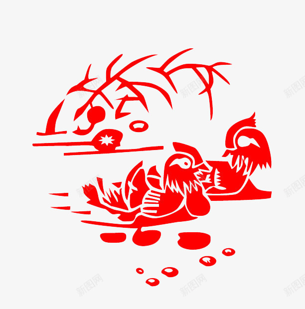 鸳鸯剪纸png免抠素材_新图网 https://ixintu.com 剪纸 窗花 红色 鸳鸯