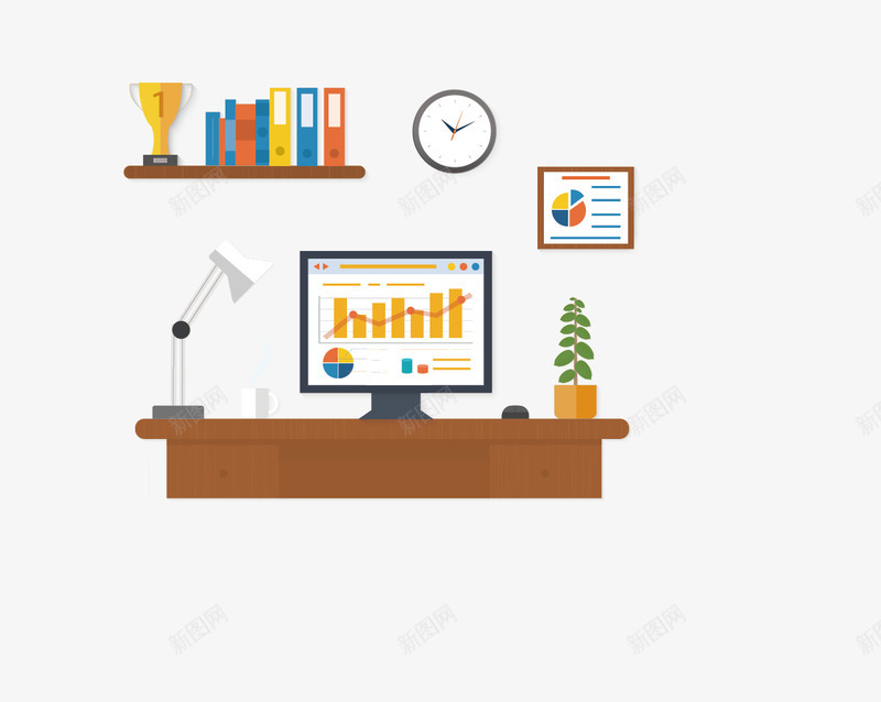 工作场景png免抠素材_新图网 https://ixintu.com 书籍 免费png图片 奖杯 电脑 钟表