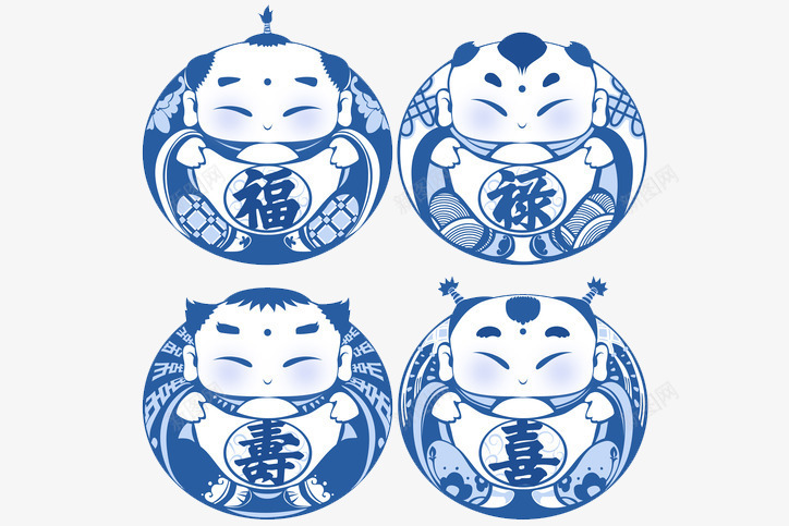 福禄寿喜png免抠素材_新图网 https://ixintu.com 传统 创意剪纸 四喜神 娃娃 福禄喜 福禄寿喜 繁体喜字 蓝色