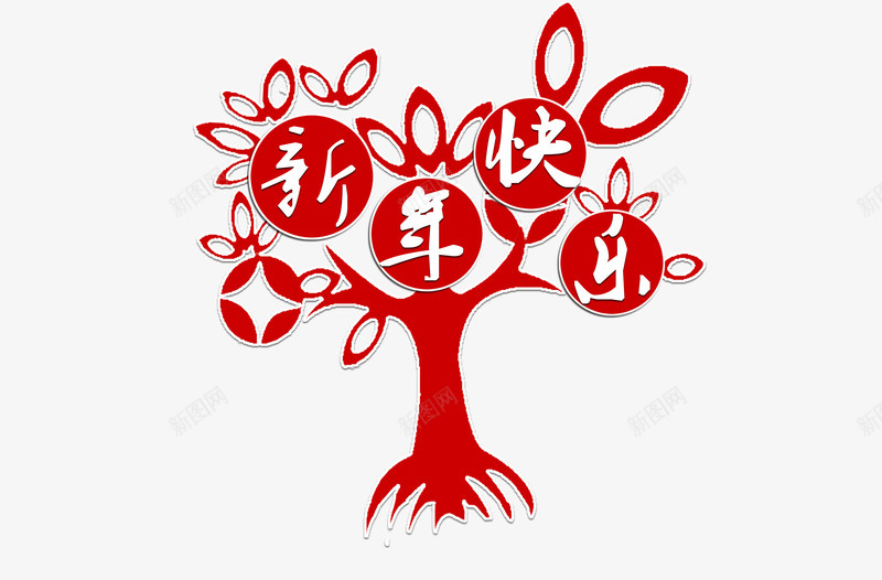 红色剪纸窗花png免抠素材_新图网 https://ixintu.com 剪纸 新年快乐 树 窗花 红色