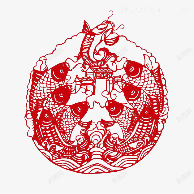鲤鱼跳龙门剪纸窗花png免抠素材_新图网 https://ixintu.com 剪纸 窗花 锦鲤 鲤鱼 龙门