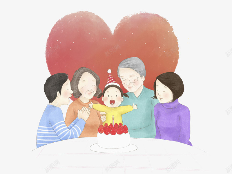 手绘一家人png免抠素材_新图网 https://ixintu.com 一家人 卡通 孩子 手绘 爱心 生日 粉色 老人 蛋糕