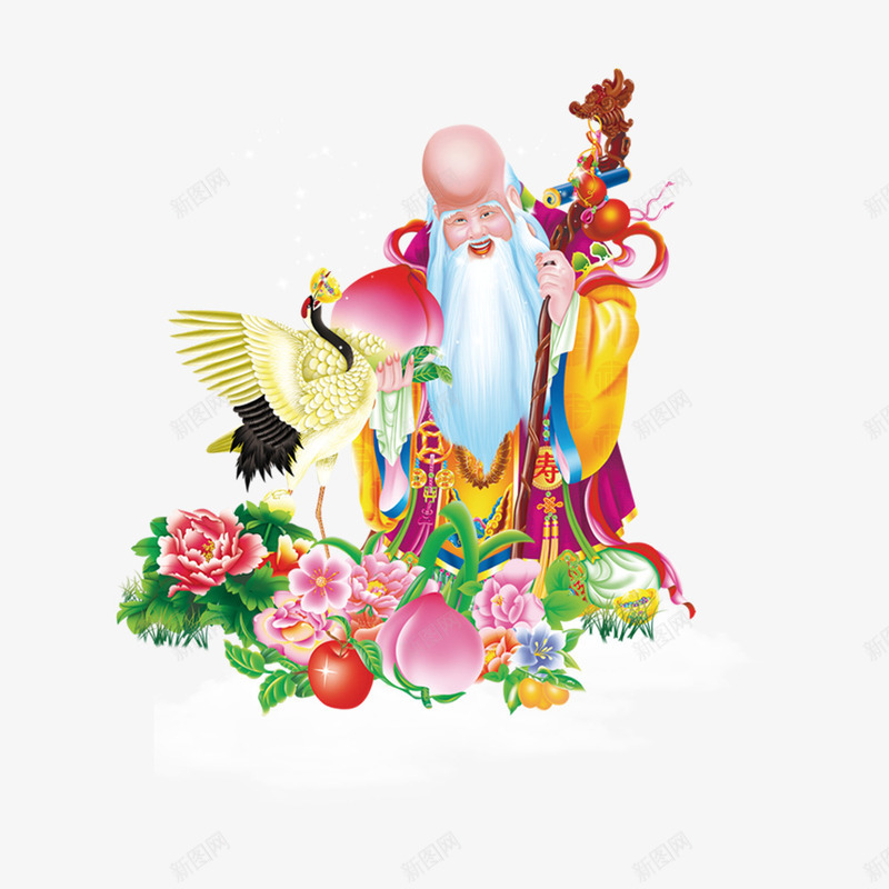 寿星寿桃png免抠素材_新图网 https://ixintu.com 仙鹤 寿星公 寿桃 牡丹 老寿星