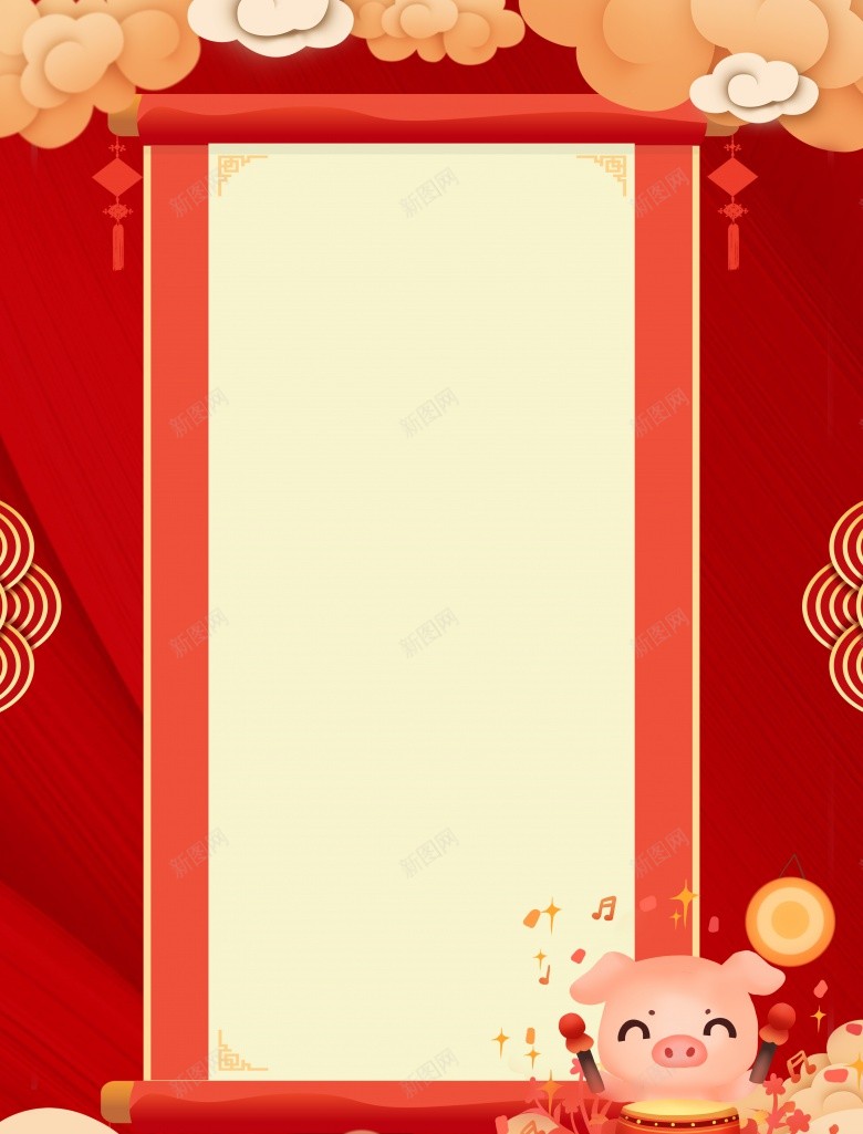 中国风红色卡通猪新年psd设计背景_新图网 https://ixintu.com 中国 国风 红色 卡通 新年