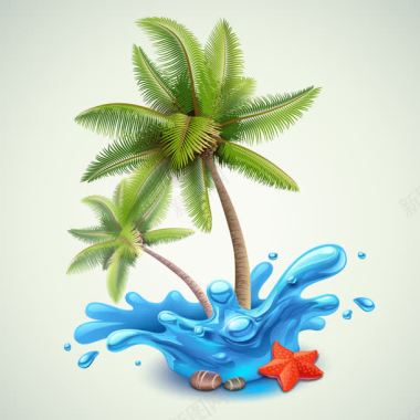 手绘卡通椰树海水海星背景