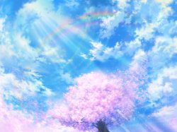 艳阳蓝天白云樱花树日本动漫场景太阳光光效高清图片