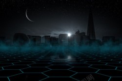 城市黑夜黑夜城市月亮网格科技高清图片