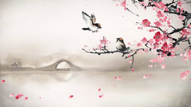 中国鸟类山水画壁纸背景
