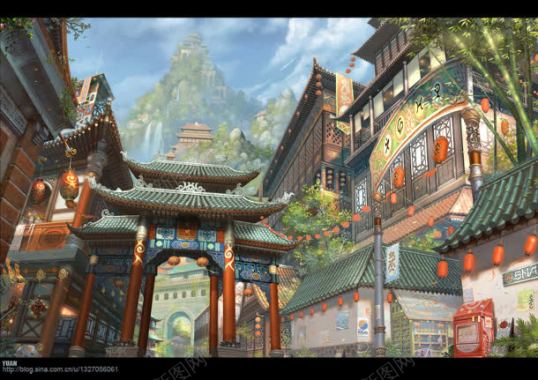 中式古风建筑场景插画背景