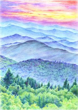 起伏的山脉彩色铅笔画山峦云霞高清图片