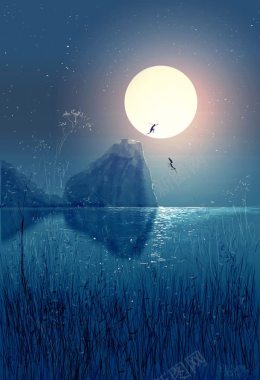 蓝天星空月亮湖水背景