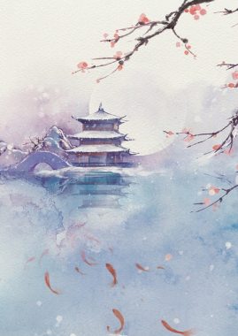 中国风月下水边庭院花枝海报背景背景