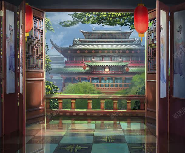 唯美古风建筑宫殿插画jpg设计背景_新图网 https://ixintu.com 历史感 古风 宫殿 建筑 插画