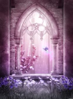 拱形双开窗户紫色梦幻城堡窗户欧式蝴蝶海报背景高清图片