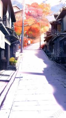 日本动漫街道小巷电线杆房屋彩绘背景