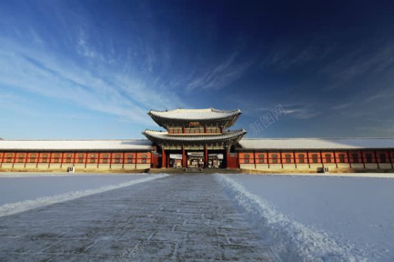 蓝天白云雪花牌楼背景