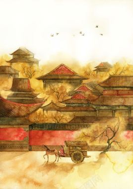 手绘中国风黄色房屋背景