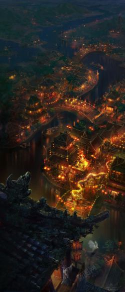 夜景插画素材古代建筑城市夜景插画高清图片