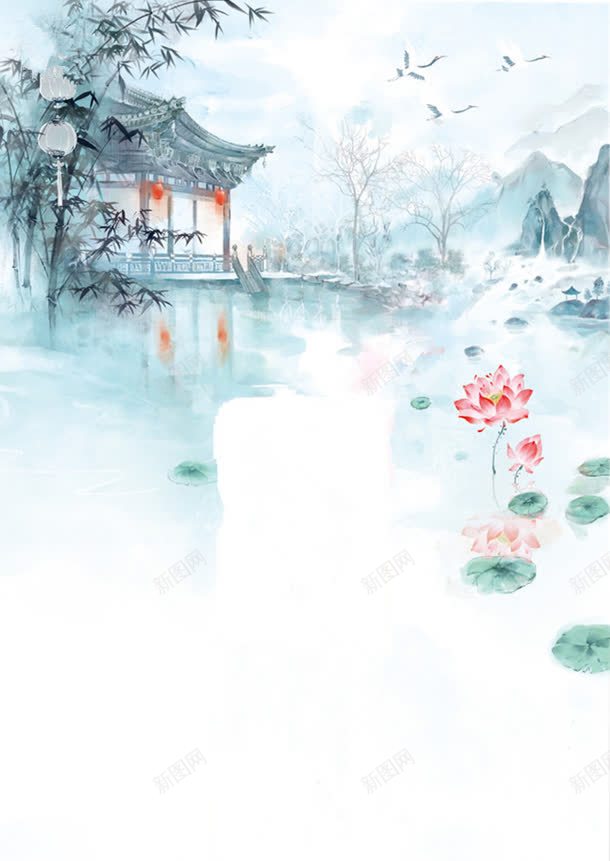 蓝色中国画荷塘凉亭jpg设计背景_新图网 https://ixintu.com 中国画 凉亭 荷塘 蓝色