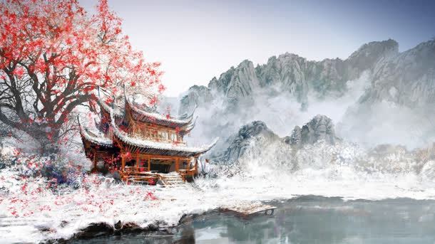 中国风梦幻梅花雪山背景