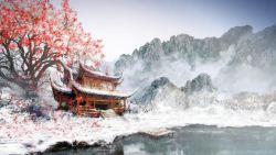 中国风梦幻梅花雪山背景