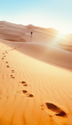 漂亮的沙滩脚印蓝天下的沙漠脚印高清图片