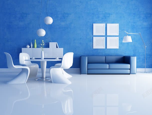 蓝色墙壁家居沙发客厅jpg设计背景_新图网 https://ixintu.com 蓝色 墙壁 客厅 家居 双人沙发 餐桌 灯饰 光亮背景