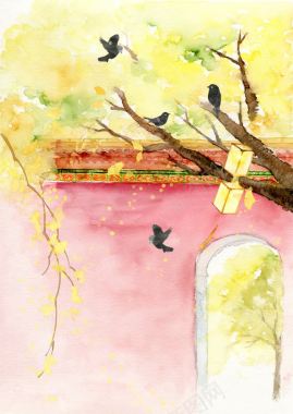 手绘水彩黄色树林小鸟背景