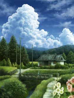 日本动漫元素创意元素云朵日本动漫天空环境渲染树林高清图片