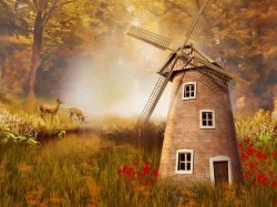 风车梦幻背景美丽仙境里的房子高清图片