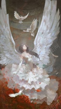 彩绘风格挥着翅膀的女孩飞舞的白鸽背景