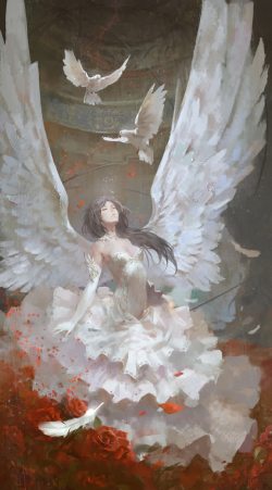 彩绘女孩素材彩绘风格挥着翅膀的女孩飞舞的白鸽高清图片