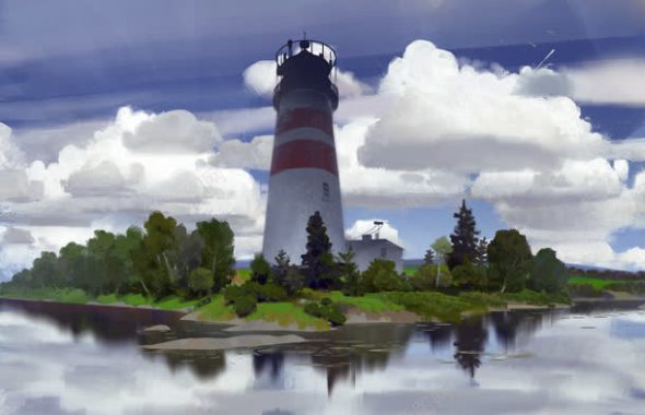 唯美小岛上的灯塔插画背景