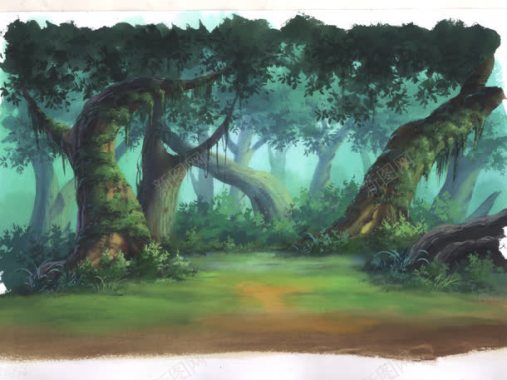 立绘彩绘风格树木树林环境渲染背景