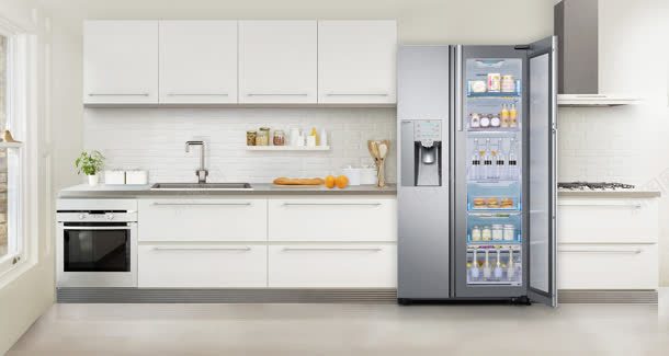 双开门冰箱与厨房的一角背景