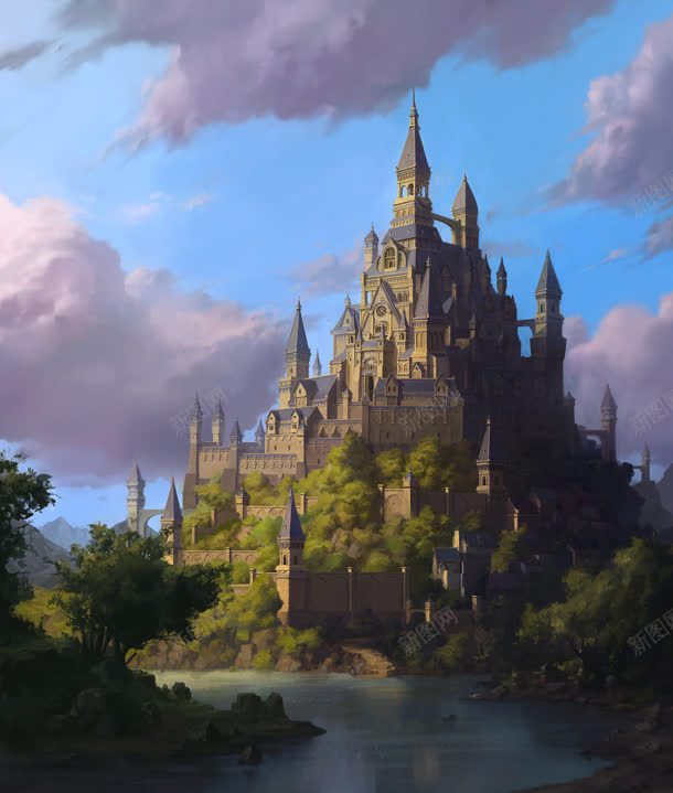 彩绘欧式城堡建筑合成背景图片免费下载