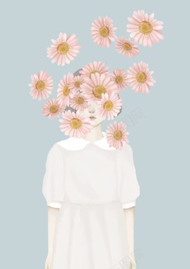 女孩与花粉色花朵淡雅女孩插画背景