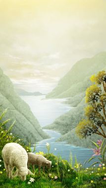 手绘艺术绘画山川河流与动物油画背景