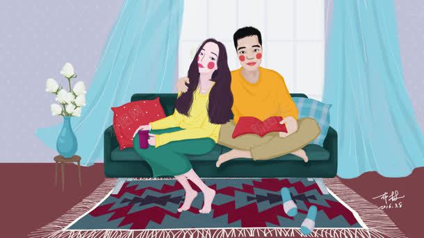 沙发上的夫妻卡通海报背景背景