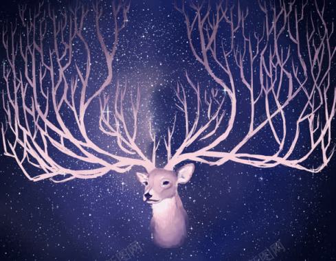 蓝色星空里手绘小鹿背景