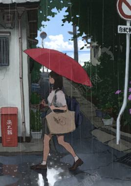 手绘日本女孩下雨背景