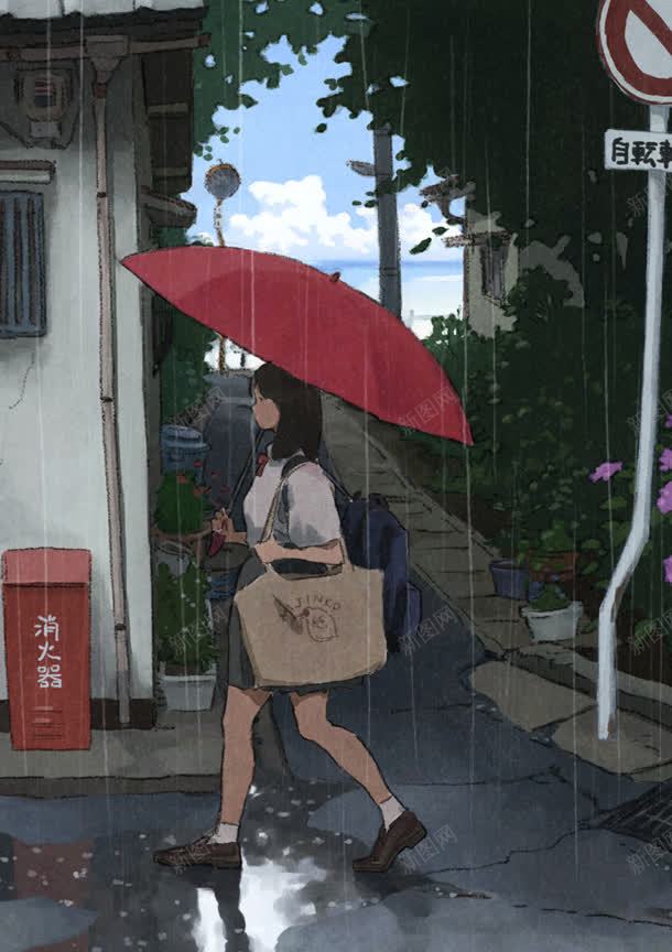 手绘日本女孩下雨jpg设计背景_新图网 https://ixintu.com 下雨 女孩 日本