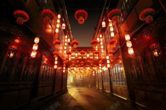 中国风大红色灯笼街道背景