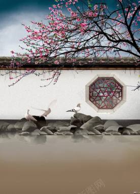 中国风白色围墙梅花树海报背景背景