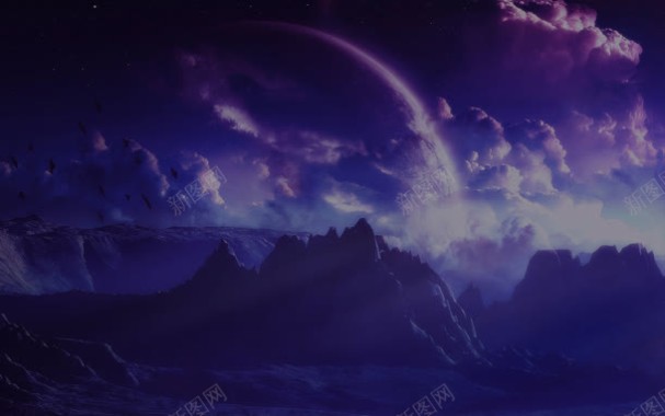 紫色山峦云层圆月海报背景背景