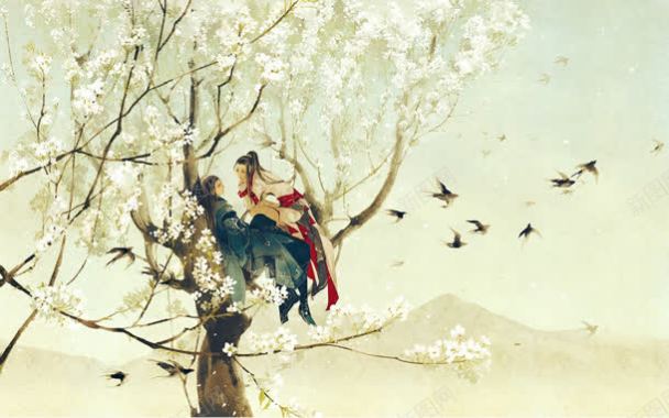 树上的情侣中国风海报背景背景