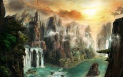 云雾山峰瀑布云雾山峰手绘魔幻高清图片