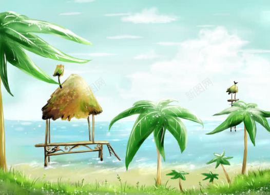 动漫椰子树大海草屋背景