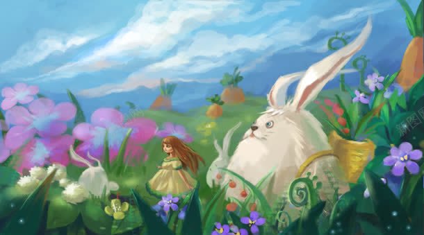 梦幻平原上的兔子和女孩海报背景jpg设计背景_新图网 https://ixintu.com 兔子 女孩 平原 梦幻 海报 背景