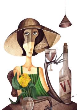 印象派喝红酒的女人油画高清图片